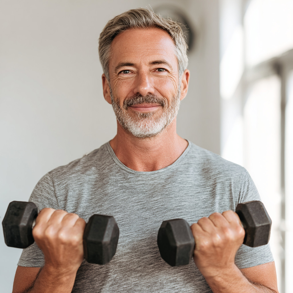 middle-aged person demonstrating healthy lifestyle through exercise